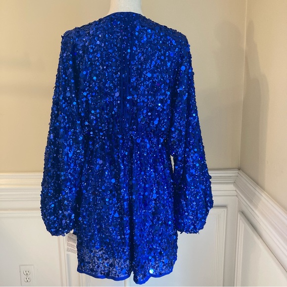 ASOS EDITION Royal Cobalt Blue Sequin Embellished Long Sleeve Faux Wrap Dress - Picture 4 of 12